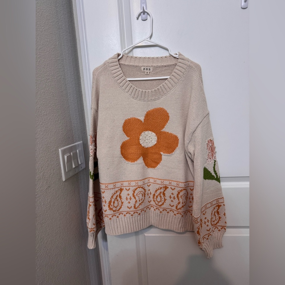 POL Women's Cream and Orange Sweater with Faux Pearls
